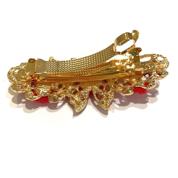 Hair Clip Barrette Butterfly Gold Tone  Pink Rhinestones Flowers - Picture 4 of 4